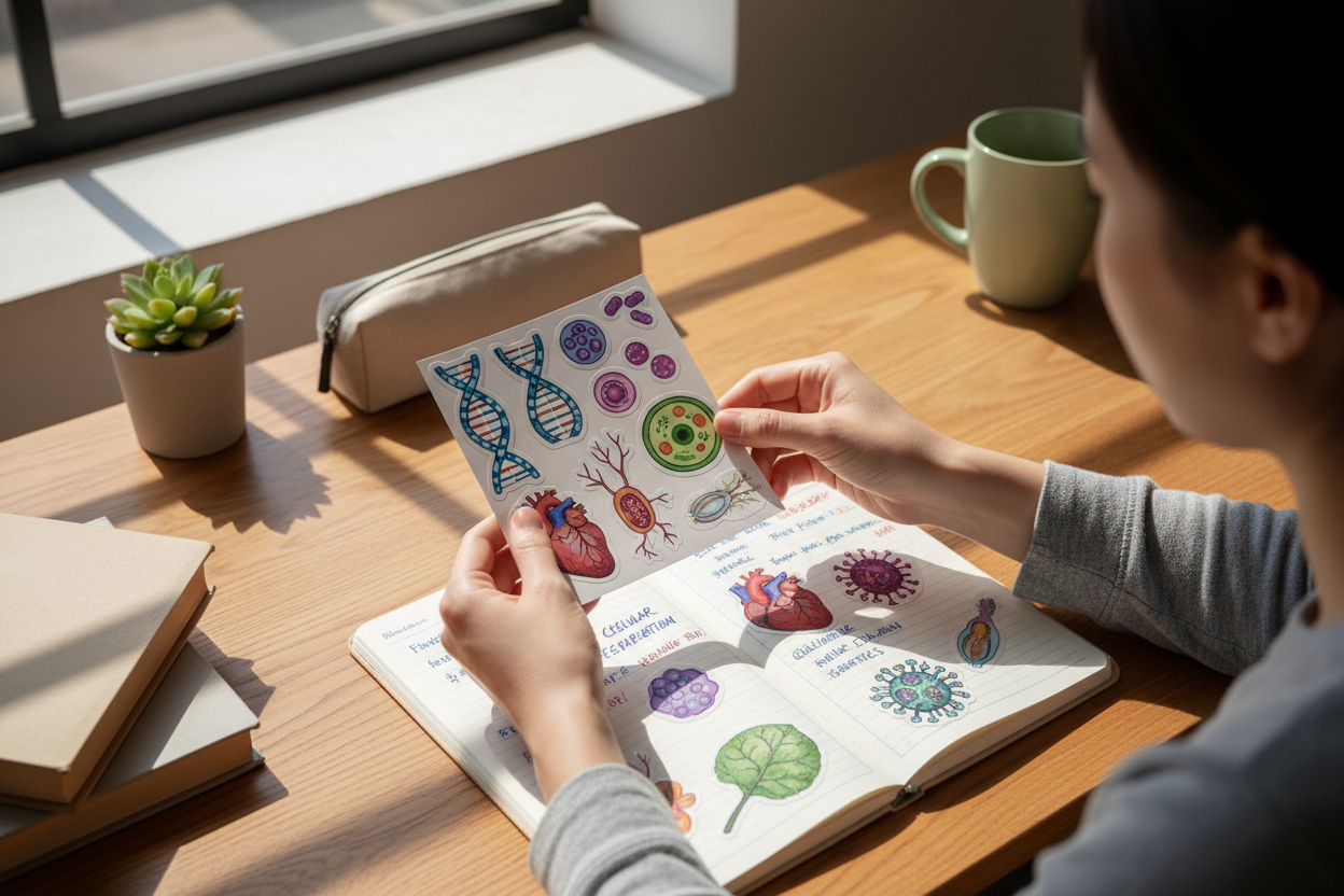 a student using little pictures which are printed and display something from biology class, he or she takes these printed stickers and sticks them into a notebook 